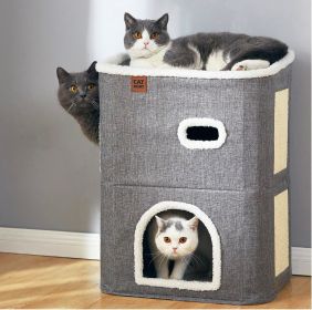 2-Storey Cat House for Indoor Cats Bed, Covered Cat Beds & Furniture with Scratch Pad and Hideaway Cave, Cute Modern Cat Condo (Color: Grey)